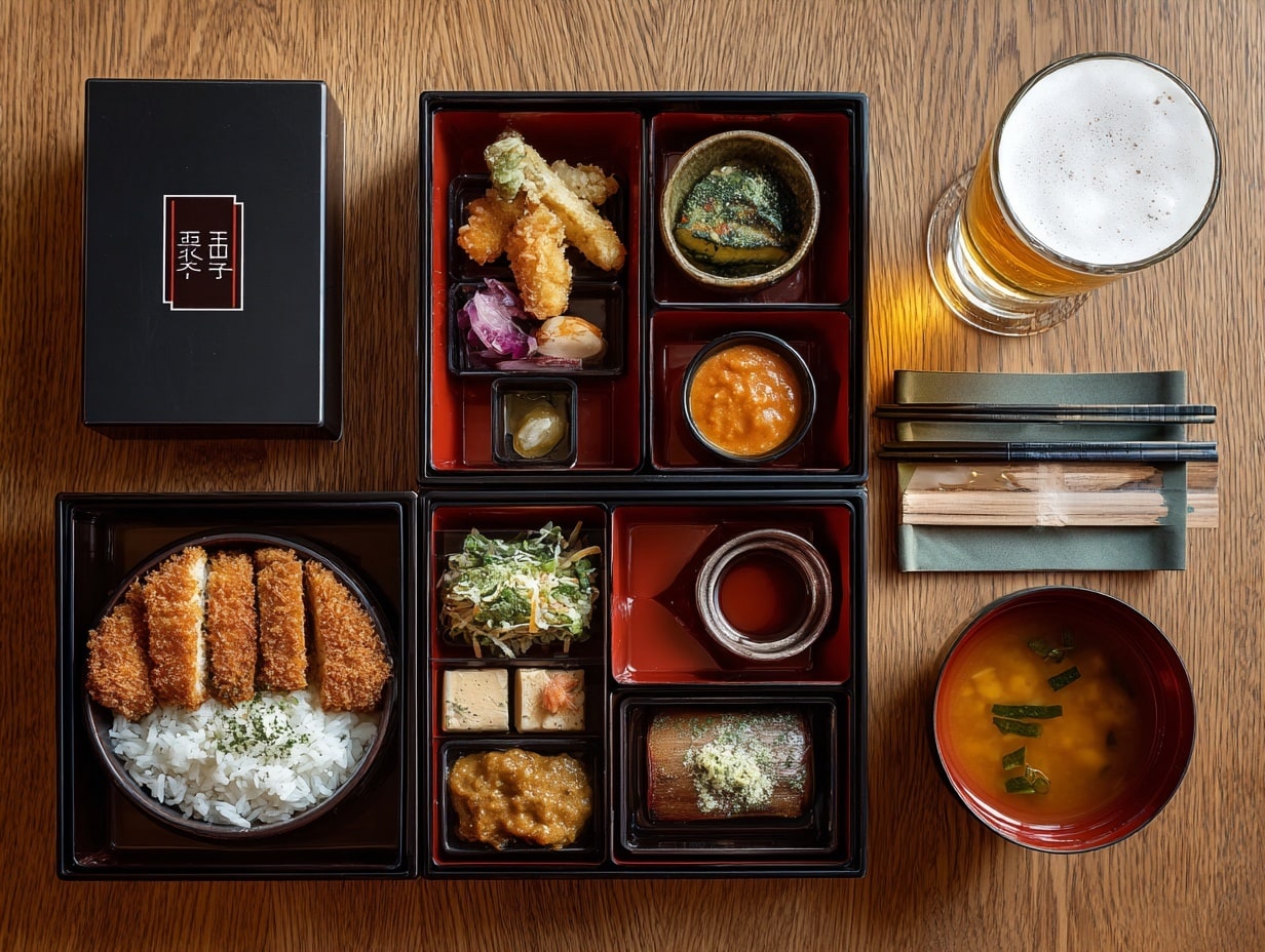 Repas japonais avec bière et soupe miso.