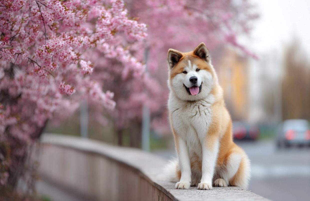 hachiko Chien assis devant cerisiers en fleurs, extérieur urbain.