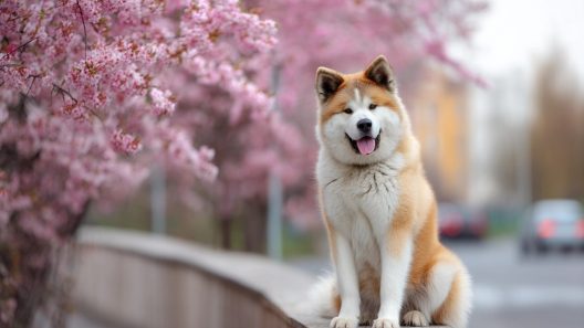 hachiko Chien assis devant cerisiers en fleurs, extérieur urbain.