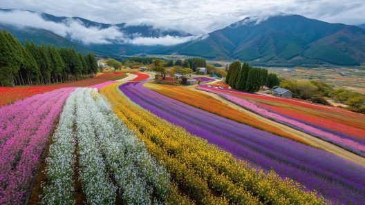 hokkaido Champs colorés au pied des montagnes.