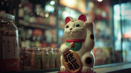 Statue de chat chanceux sur étagère d'épicerie asiatique. maneki-neko