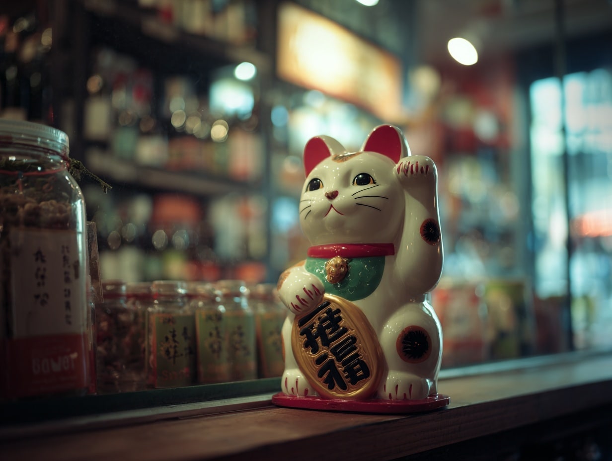 Statue de chat chanceux sur étagère d'épicerie asiatique. maneki-neko