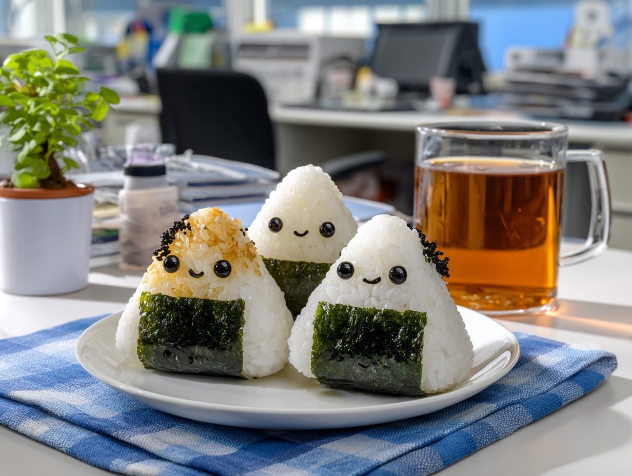 Onigiri souriants avec thé sur table.