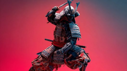 Samouraï en armure avec épée levée, fond rouge.