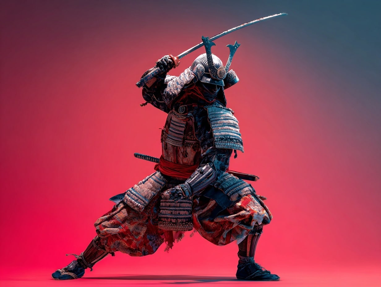 Samouraï en armure avec épée levée, fond rouge.