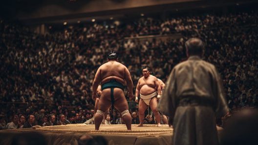 Match de sumo devant une foule attentive.