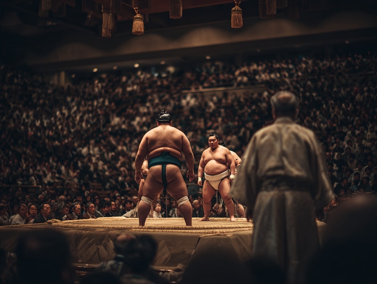 Match de sumo devant une foule attentive.