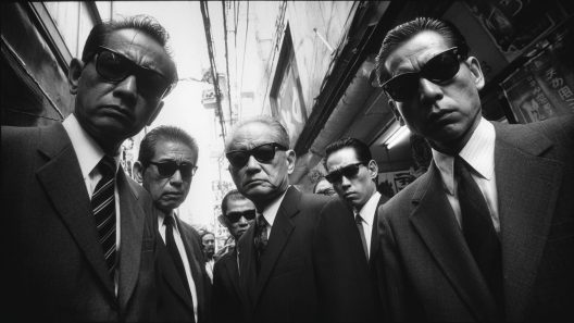 yakuzas Hommes en costume et lunettes de soleil, rue animée.