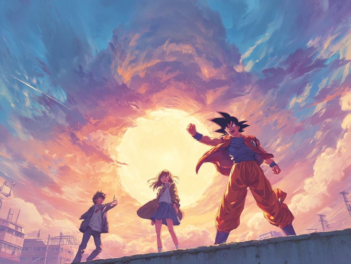 Personnages animés devant un ciel spectaculaire.