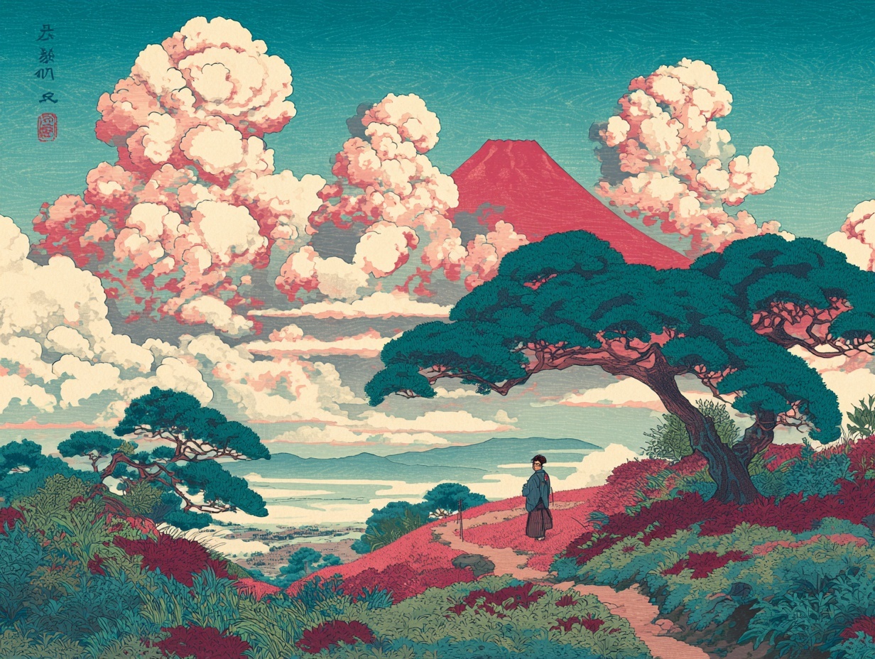 Personne marchant dans un paysage vallonné, Fuji au fond. ukiyo e