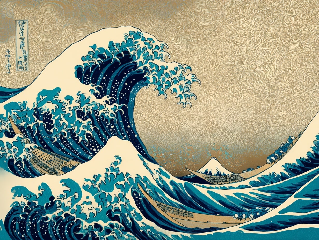 Grande vague bleue kanagawa, bateaux et mont Fuji.