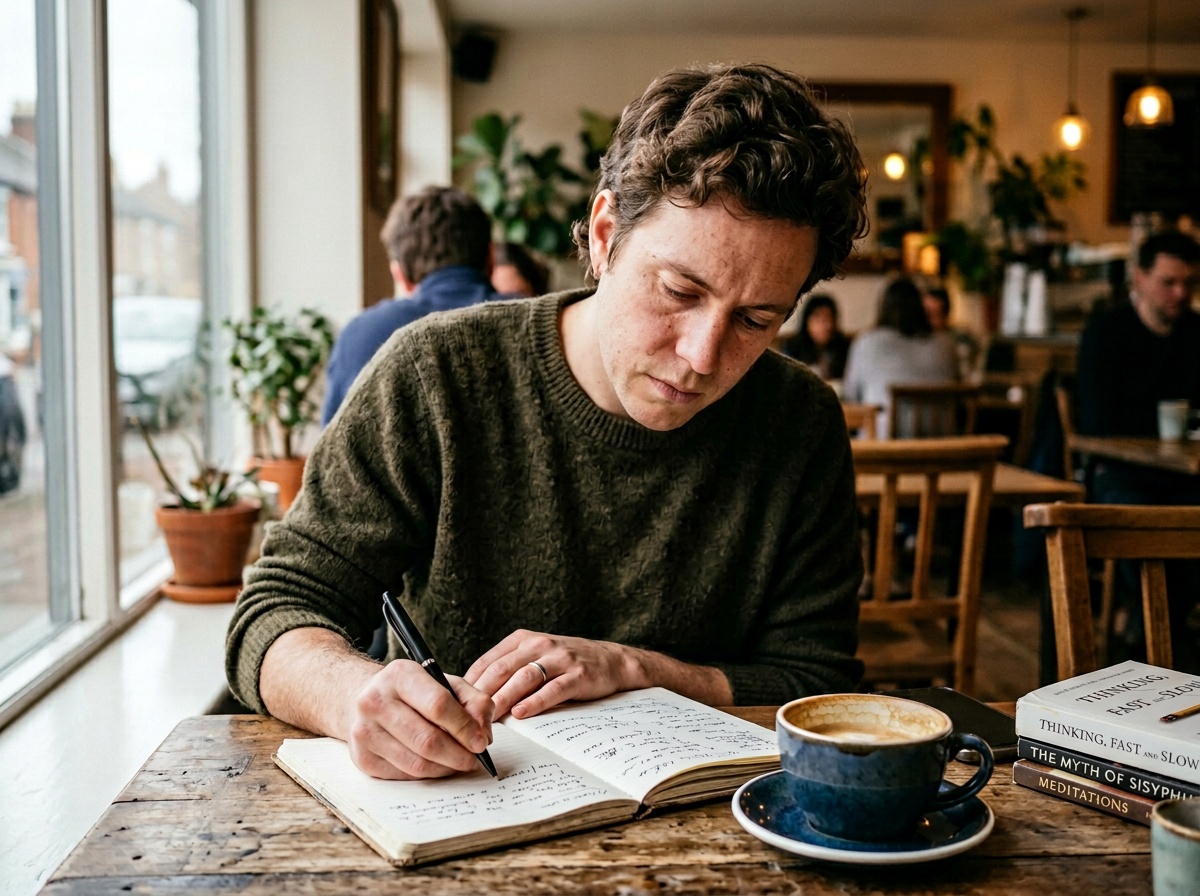 Personne écrivant dans un carnet dans un café
