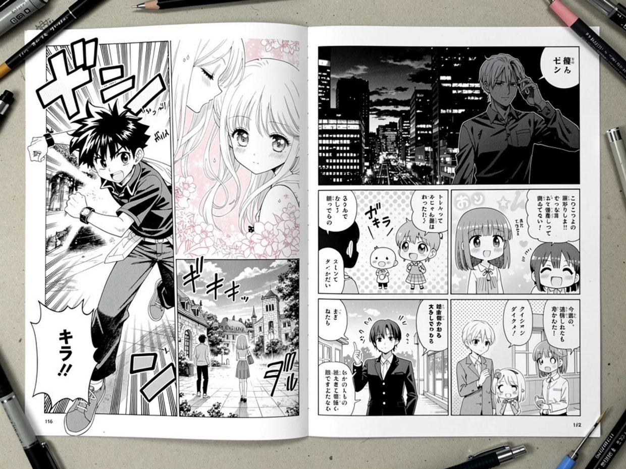 Manga ouvert avec scènes variées en noir et blanc