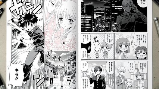 Manga ouvert avec scènes variées en noir et blanc