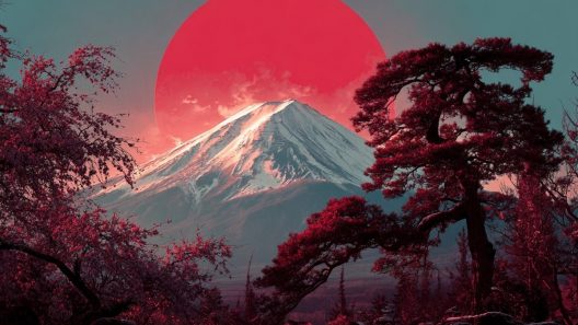 Mont Fuji sous immense soleil rouge