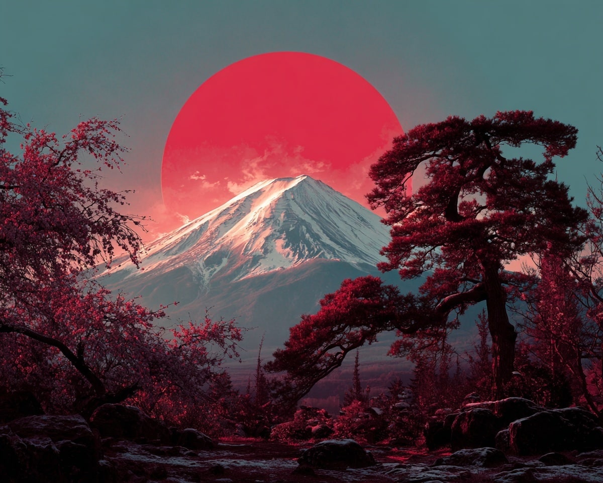 Mont Fuji sous immense soleil rouge