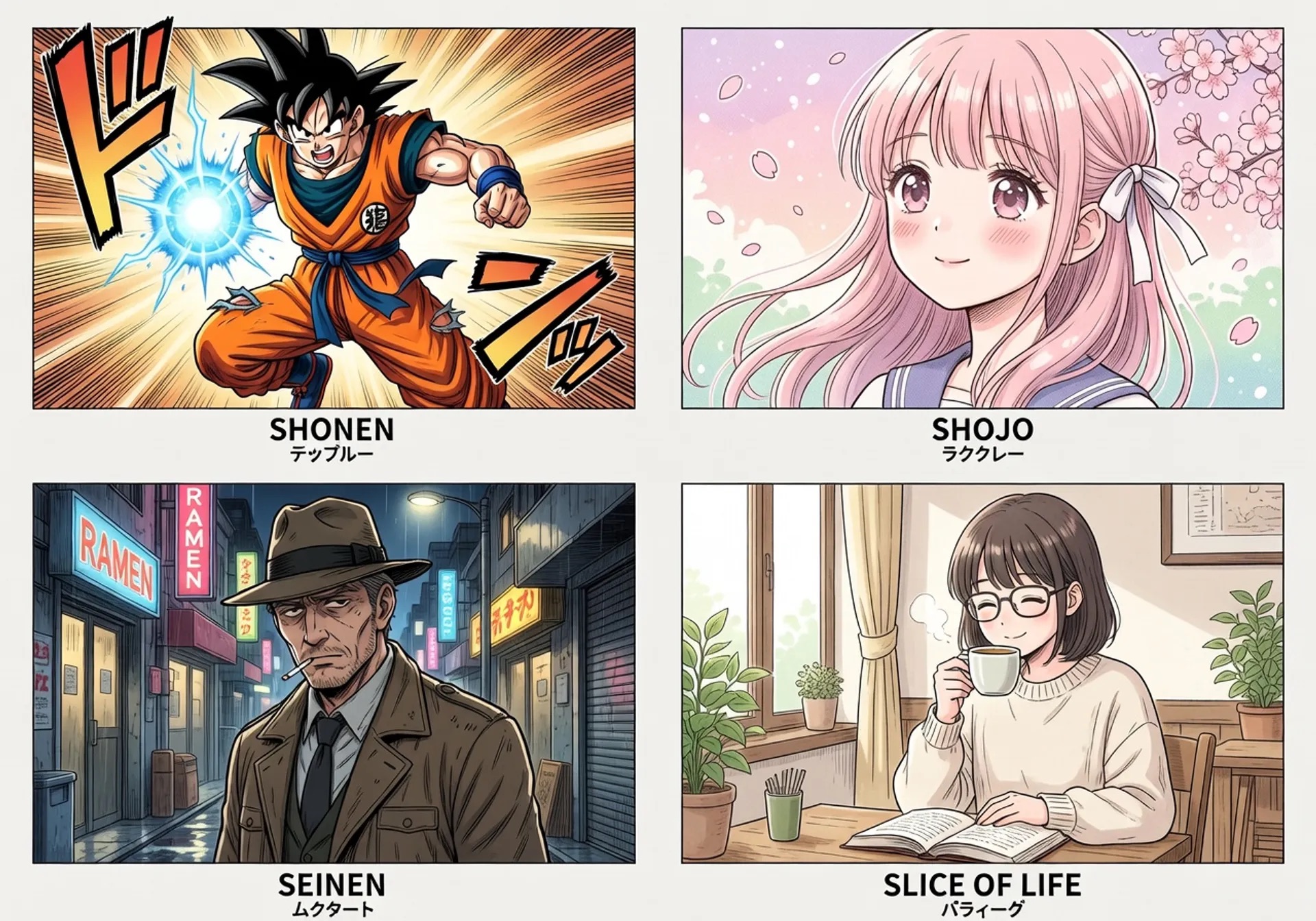 Comparaison visuelle des genres manga populaires