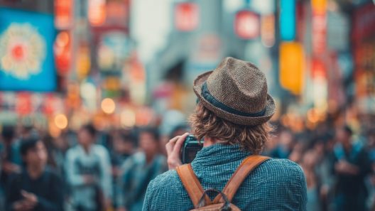 Photographe urbain dans rue animée aux néons