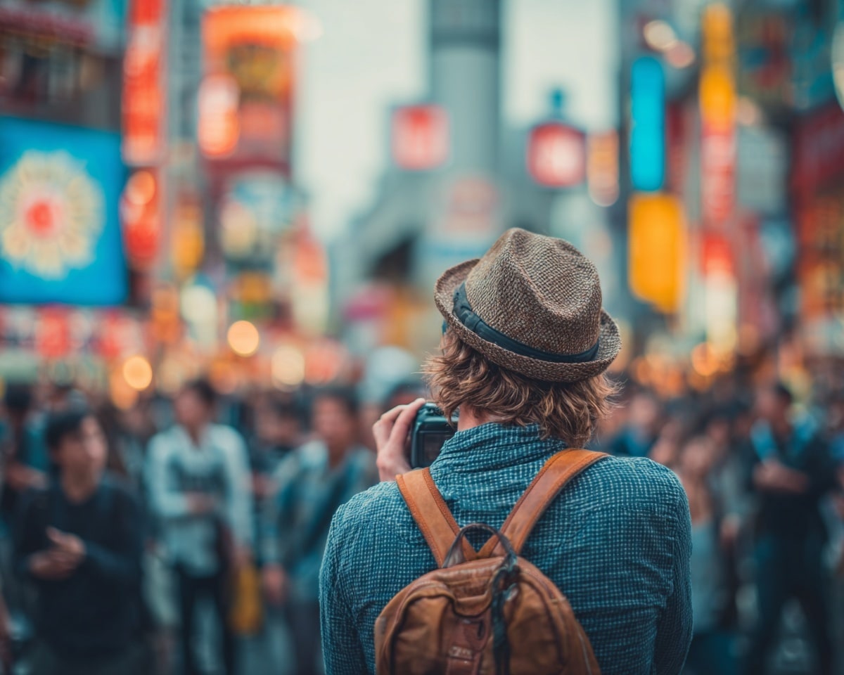 Photographe urbain dans rue animée aux néons