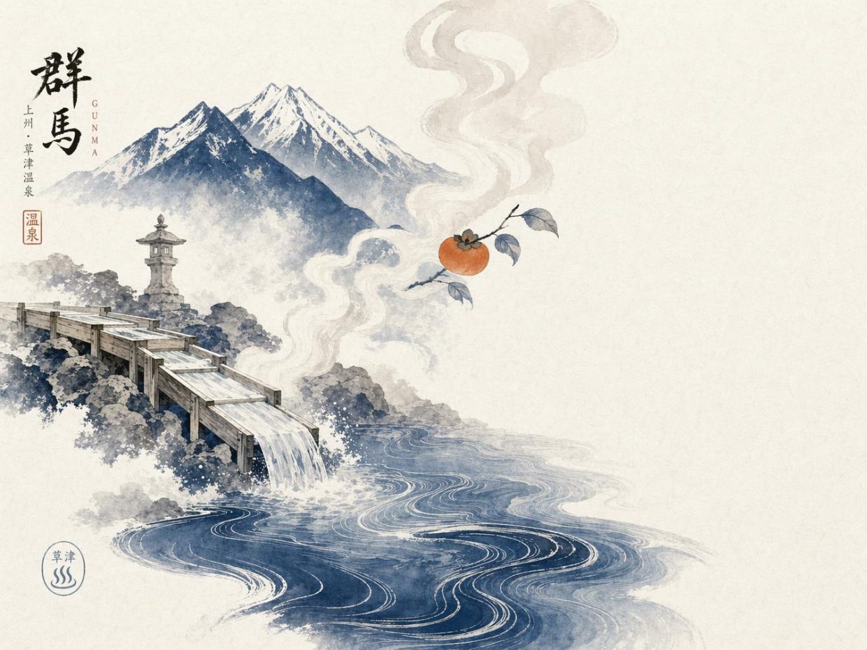 Estampe japonaise montagne, pont et source chaude