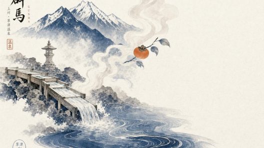 Estampe japonaise montagne, pont et source chaude