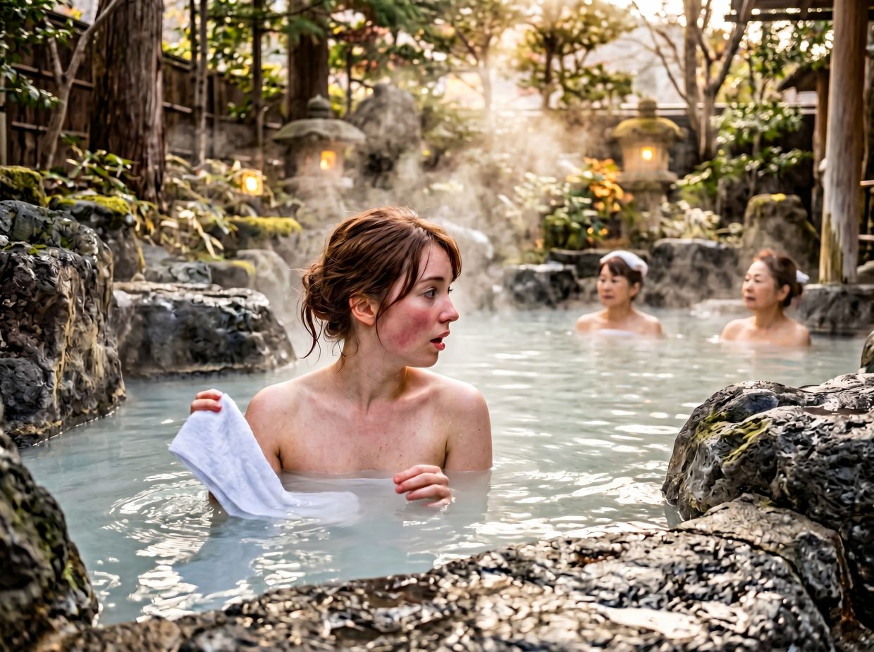 Rotenburo traditionnel japonais cote femmes, baigneuse occidentale avec serviette tombee dans l'eau thermale