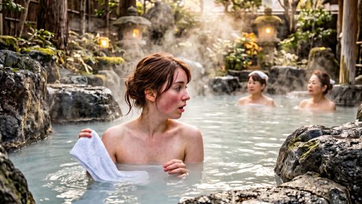 Rotenburo traditionnel japonais cote femmes, baigneuse occidentale avec serviette tombee dans l'eau thermale