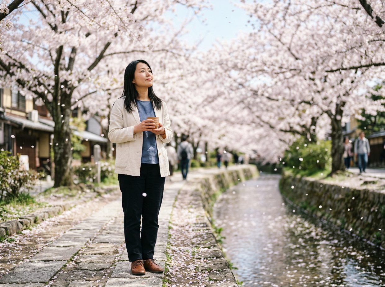 Femme japonaise contemplant les fleurs de cerisier sakura lors du hanami à Kyoto