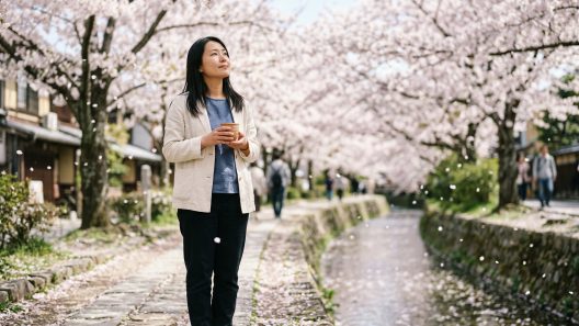 Femme japonaise contemplant les fleurs de cerisier sakura lors du hanami à Kyoto