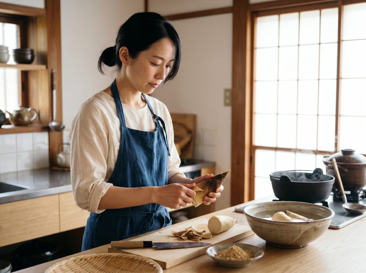 Femme épluchant une pousse de bambou en cuisine