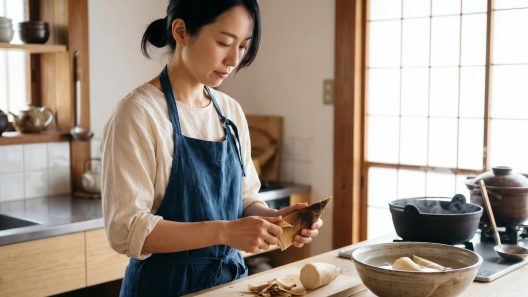 Femme épluchant une pousse de bambou en cuisine