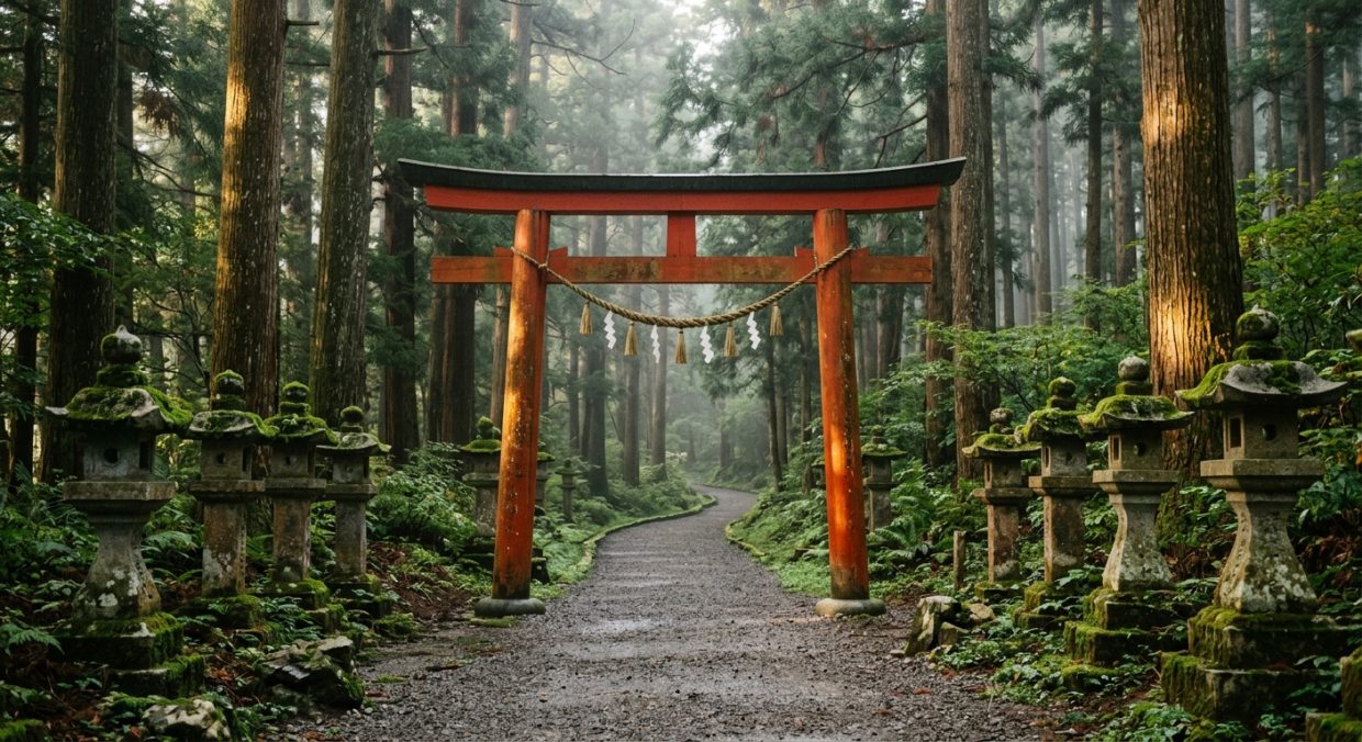 Torii vermillon à l'entrée d'un sanctuaire shinto dans une forêt de cèdres au Japon