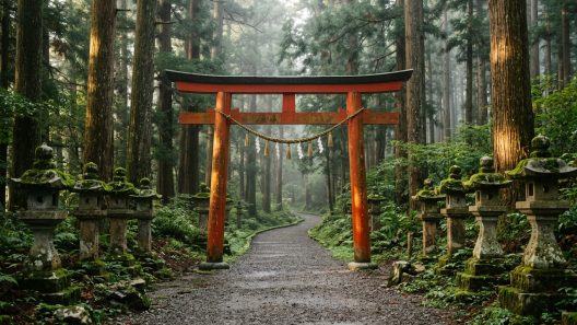 Torii vermillon à l'entrée d'un sanctuaire shinto dans une forêt de cèdres au Japon