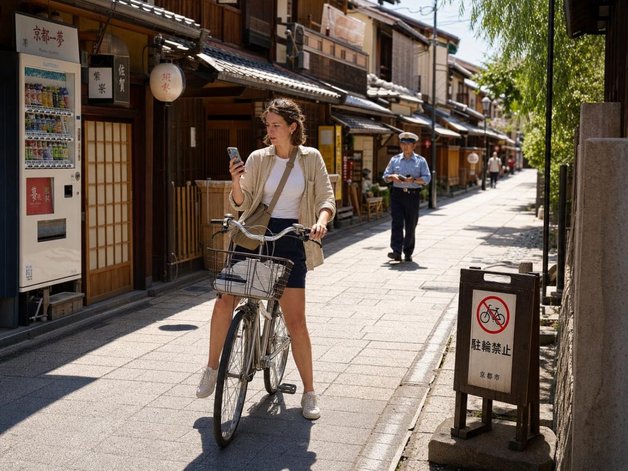 Touriste européenne à vélo dans une rue de Kyoto consultant son smartphone, policier japonais en arrière-plan