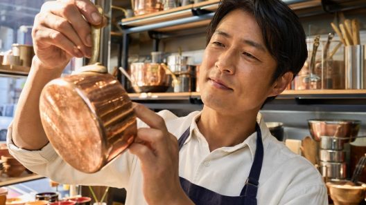 Artisan inspectant une casserole en cuivre brillante