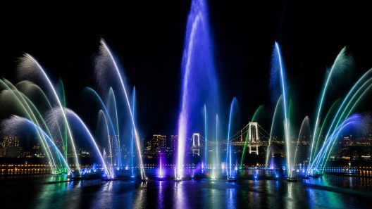 Spectacle de fontaines lumineuses nocturne sur rivière