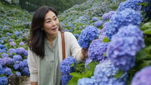 Femme admirant des hortensias bleus en pleine nature
