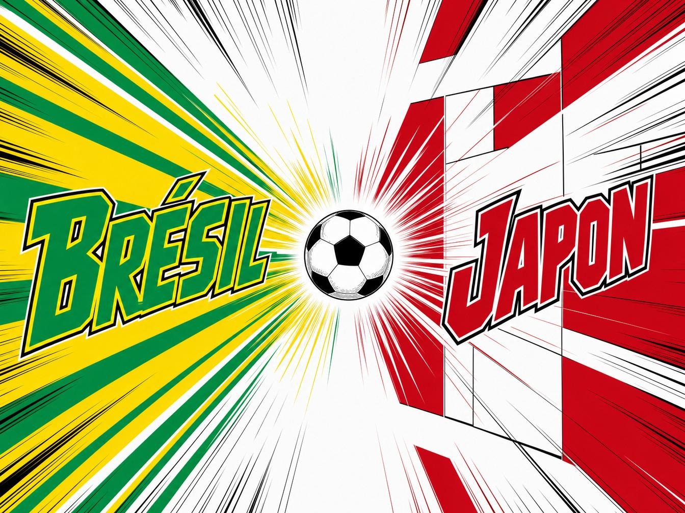 Illustration Brésil contre Japon style anime shōnen années 80