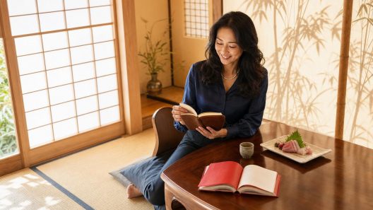 Femme lisant dans une pièce japonaise traditionnelle