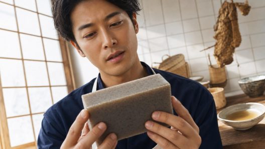 Homme examinant un bloc de tofu en cuisine