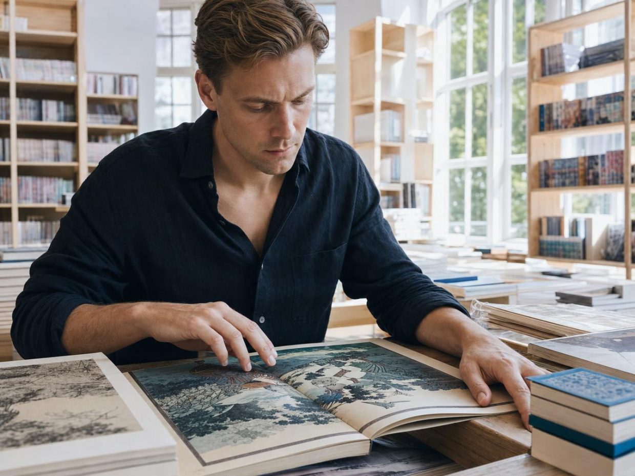 Un homme contemple un grand livre d'art dans une librairie lumineuse entourée de volumes manga