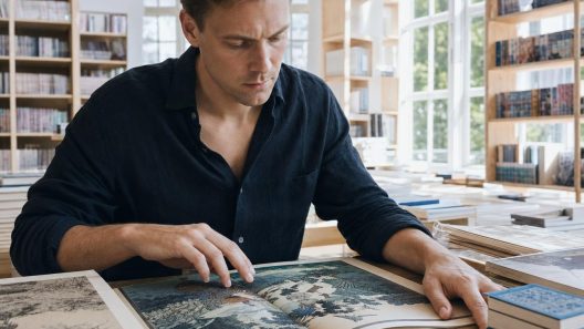 Un homme contemple un grand livre d'art dans une librairie lumineuse entourée de volumes manga