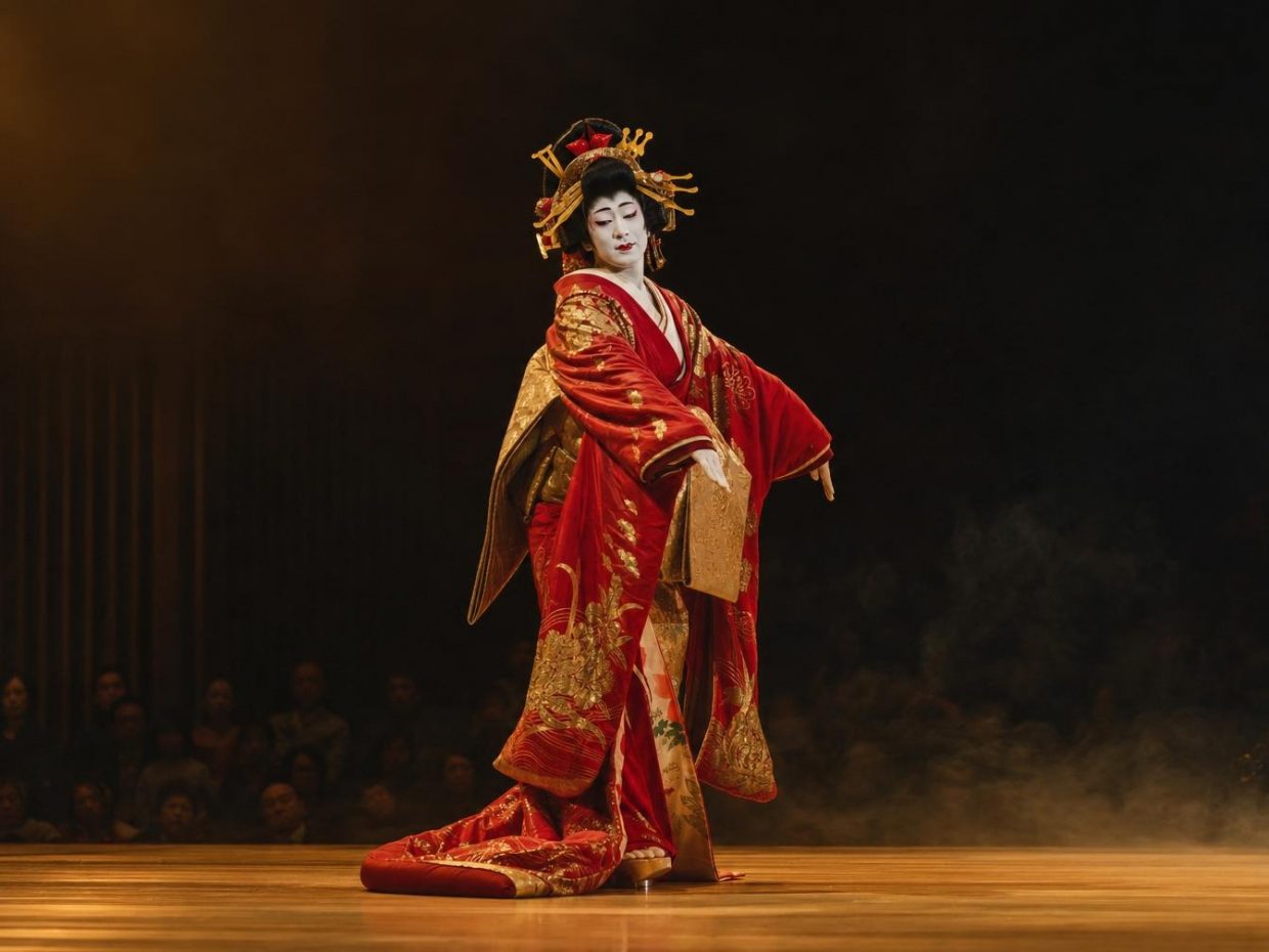 Danseuse japonaise en kimono rouge sur scène