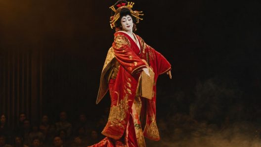 Danseuse japonaise en kimono rouge sur scène