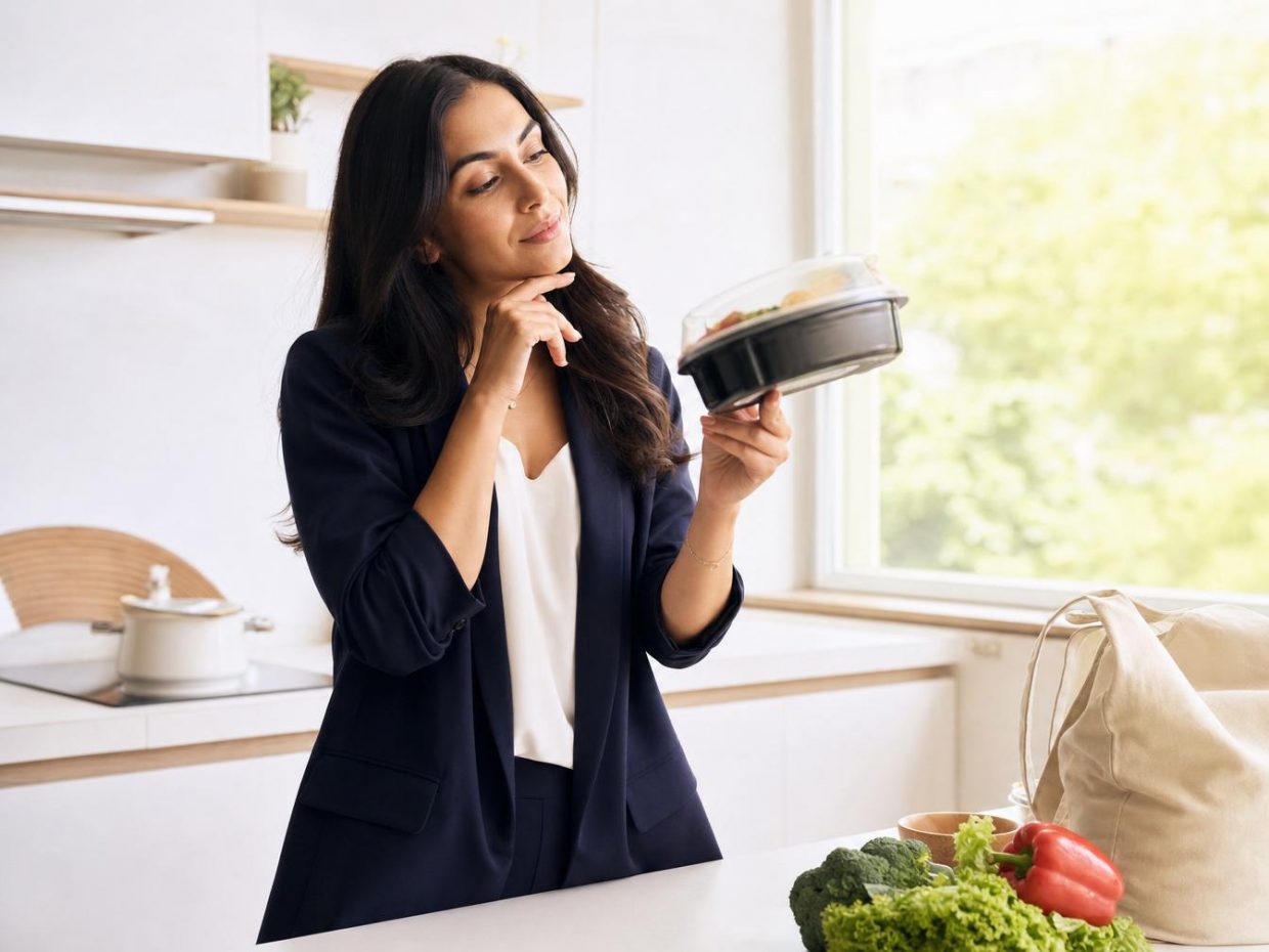 Femme examinant un plat préparé en cuisine