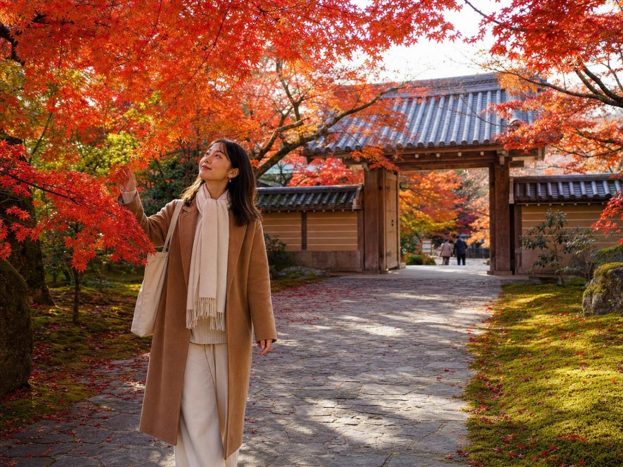 Femme sous érables rouges dans temple japonais