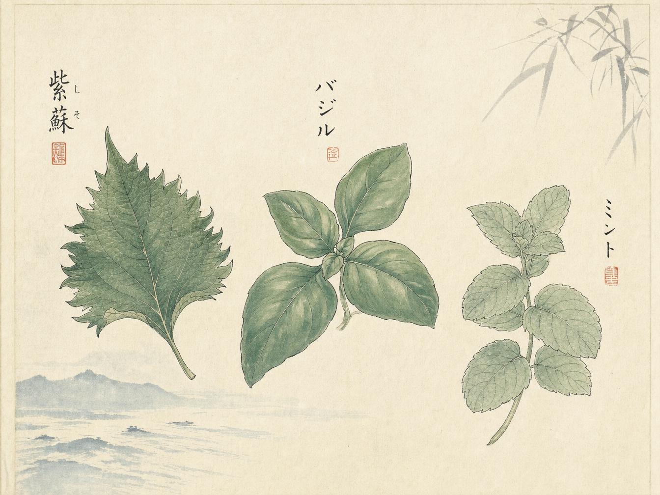 Illustration comparative du shiso, basilic et menthe avec leurs profils aromatiques