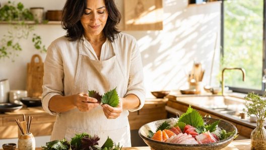 Femme examinant des feuilles fraîches de shiso dans une cuisine izakaya