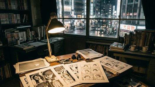 Bureau d’artiste manga face à la ville nocturne