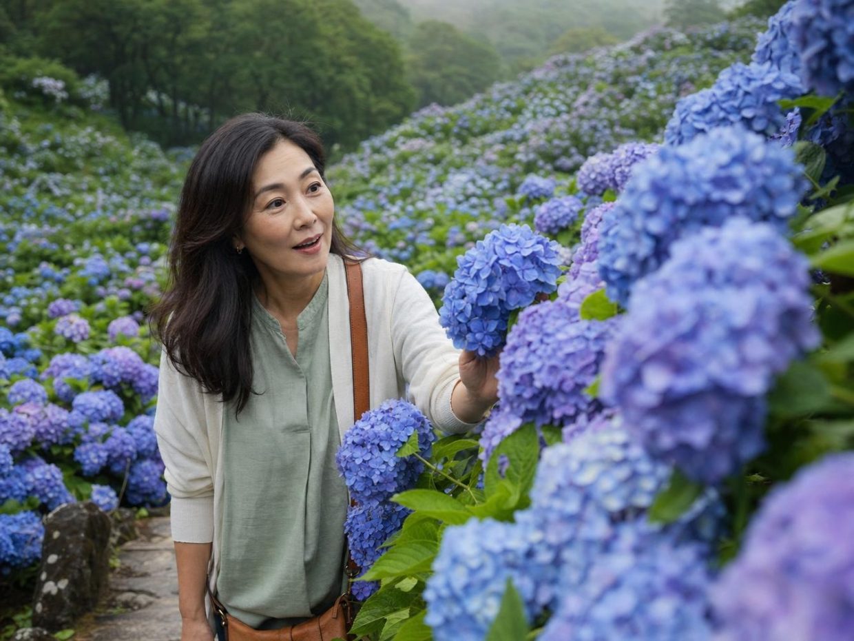 Femme admirant des hortensias bleus en jardin